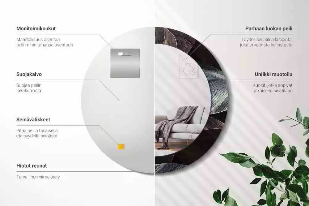 Espejo redondo con decoración Hojas tropicales oscuras