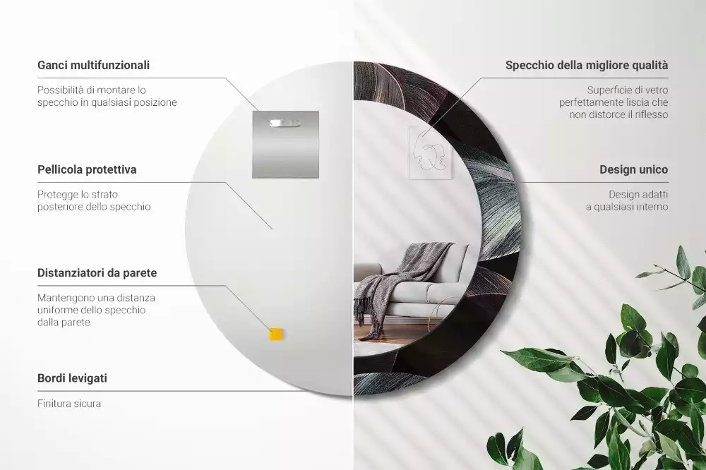 Espejo redondo con decoración Hojas tropicales oscuras