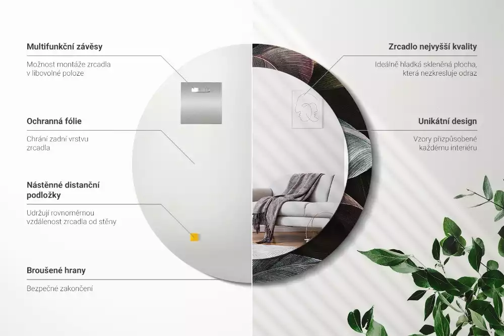 Espejo redondo con decoración Hojas tropicales oscuras