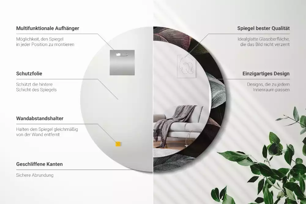 Espejo redondo con decoración Hojas tropicales oscuras