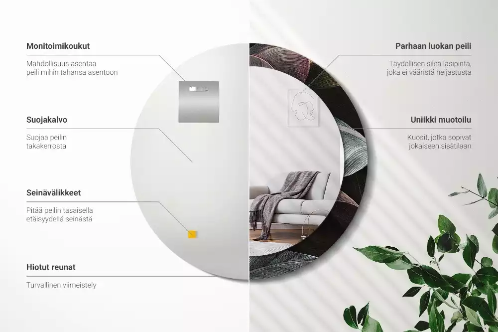 Espejo redondo con decoración Hojas tropicales oscuras