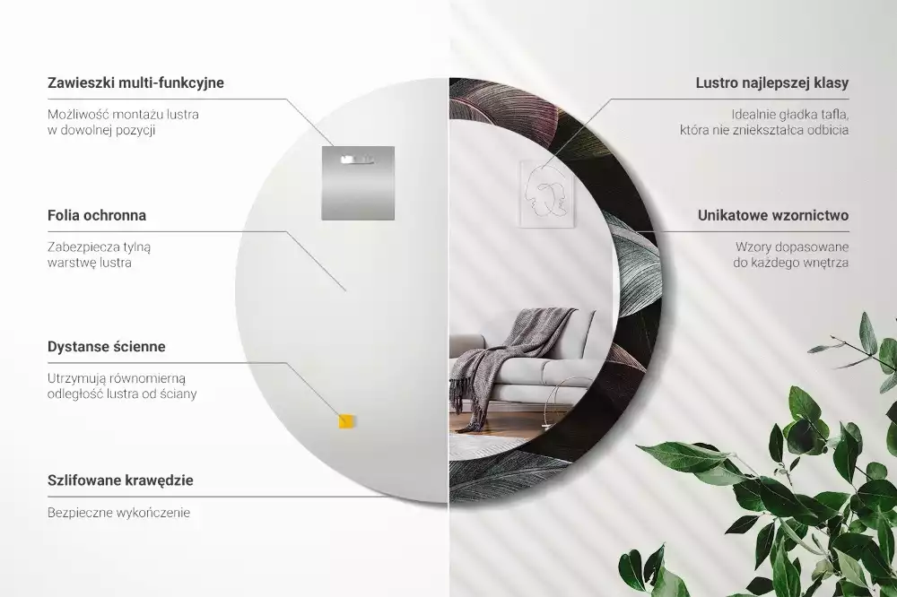 Espejo redondo con decoración Hojas tropicales oscuras