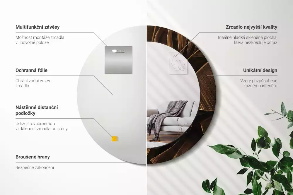 Espejo redondo con decoración hojas de plátano marrones