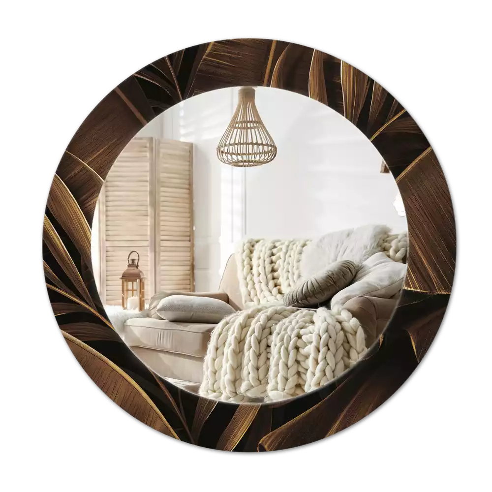 Espejo redondo con decoración hojas de plátano marrones
