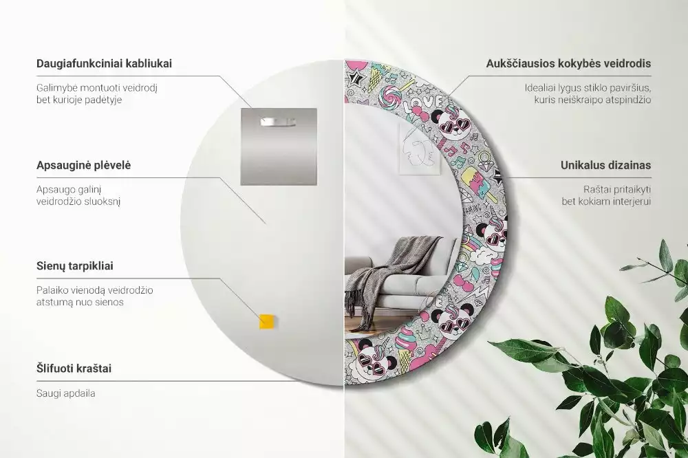 Espejo redondo impreso Panda unicornio