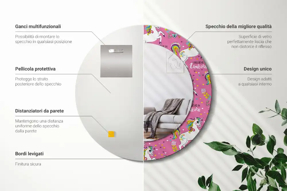 Espejo redondo estampado Unicornio mágico