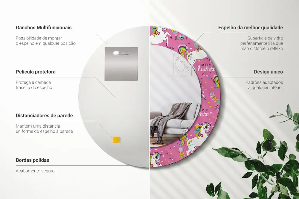 Espejo redondo estampado Unicornio mágico