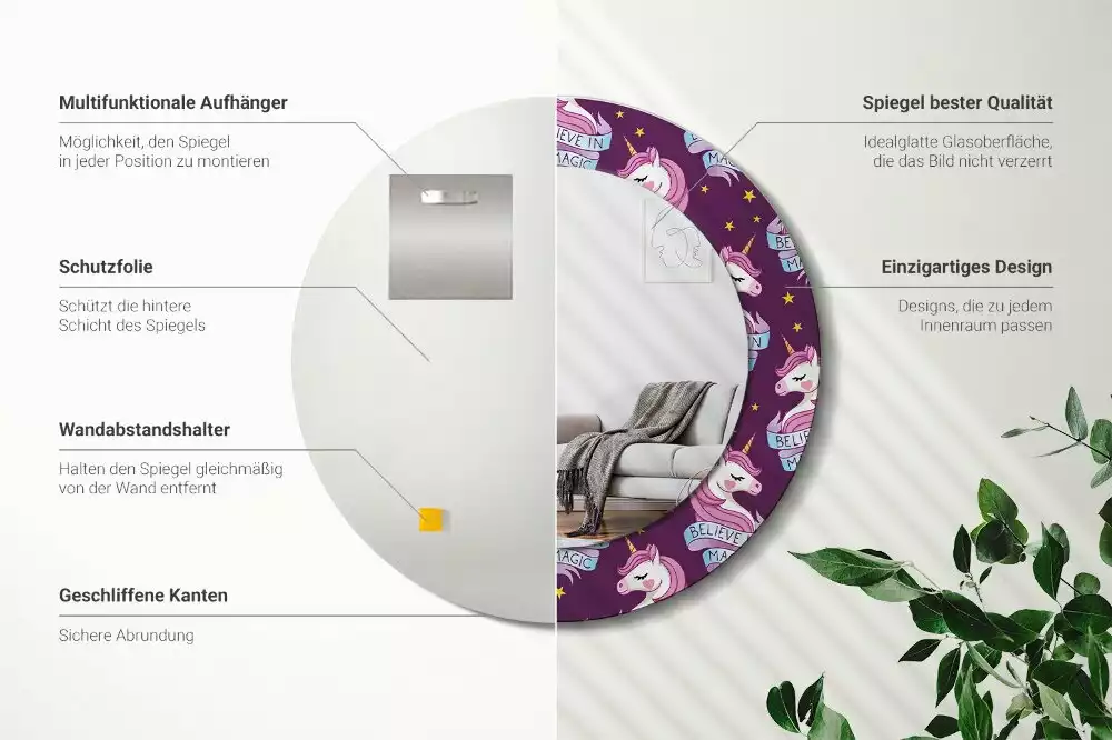 Espejo redondo impreso Unicornio estrella