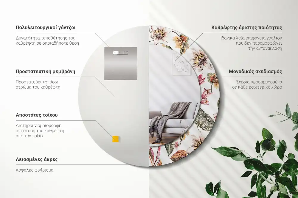 Espejo redondo estampado Flores vintage