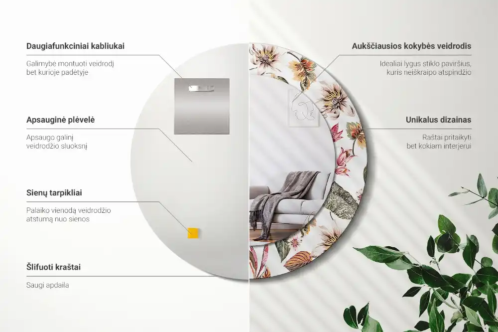 Espejo redondo estampado Flores vintage