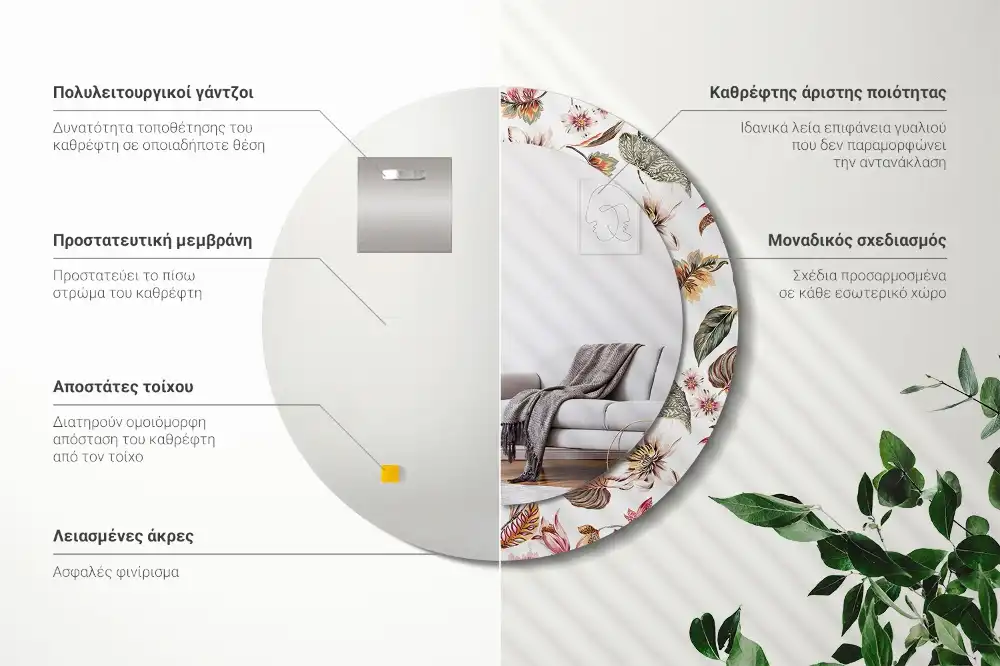 Espejo redondo estampado Flores vintage