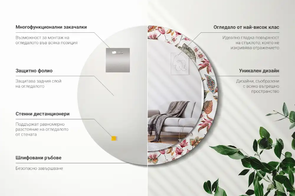 Espejo redondo estampado Flores vintage