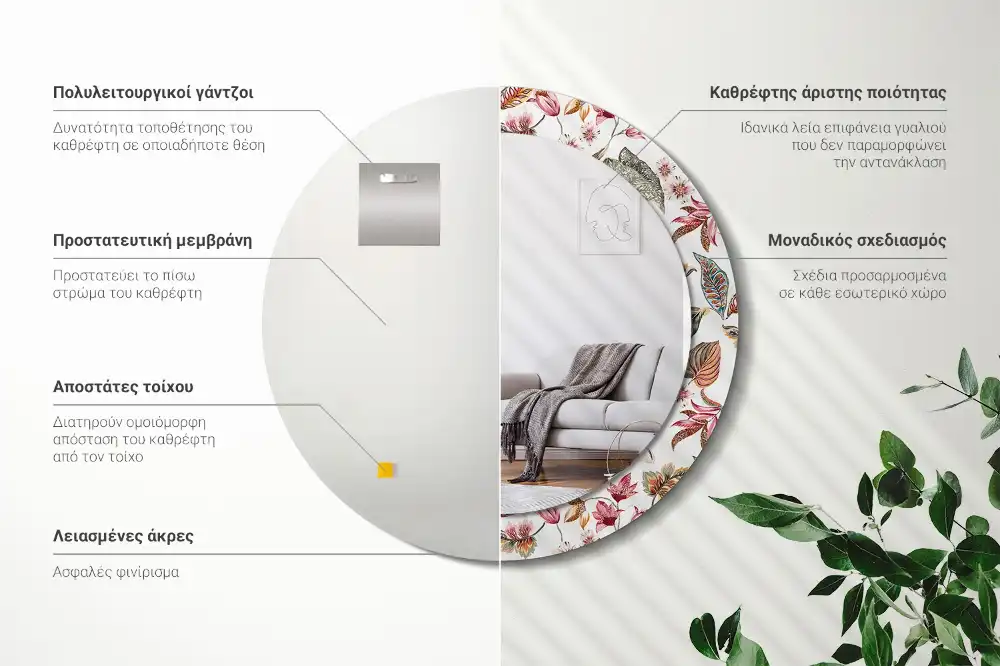 Espejo redondo estampado Flores vintage