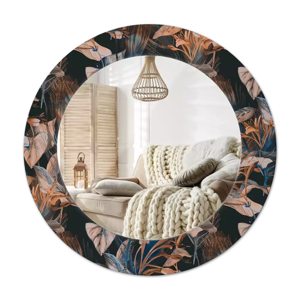 Espejo redondo con decoración Hojas tropicales oscuras