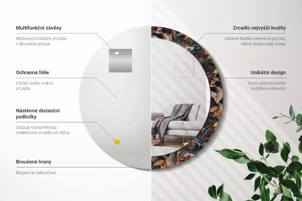 Espejo redondo con decoración Hojas tropicales oscuras