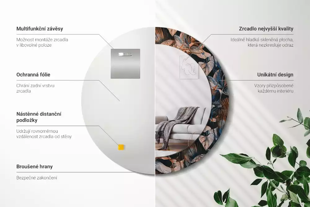 Espejo redondo con decoración Hojas tropicales oscuras