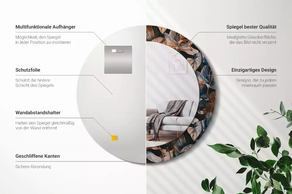 Espejo redondo con decoración Hojas tropicales oscuras