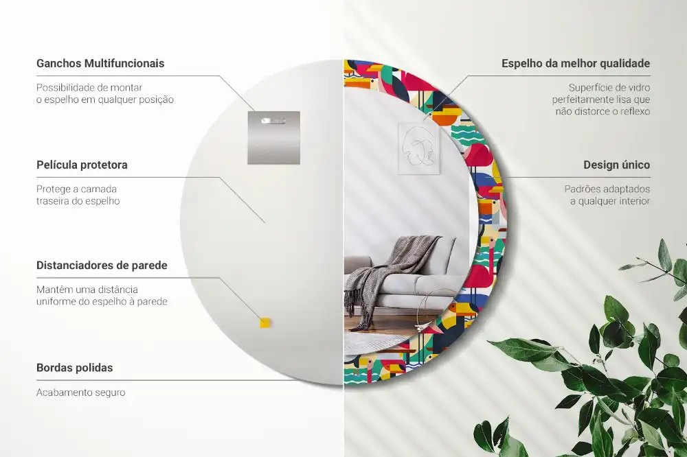 Espejo redondo estampado Aves tropicales geométricas