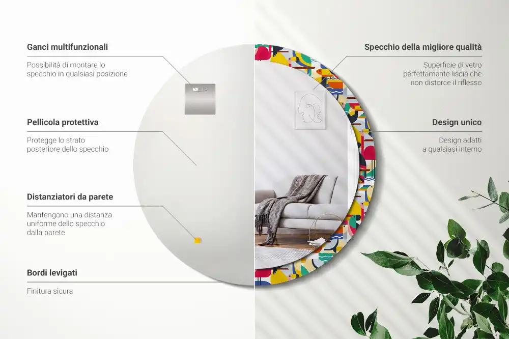 Espejo redondo estampado Aves tropicales geométricas