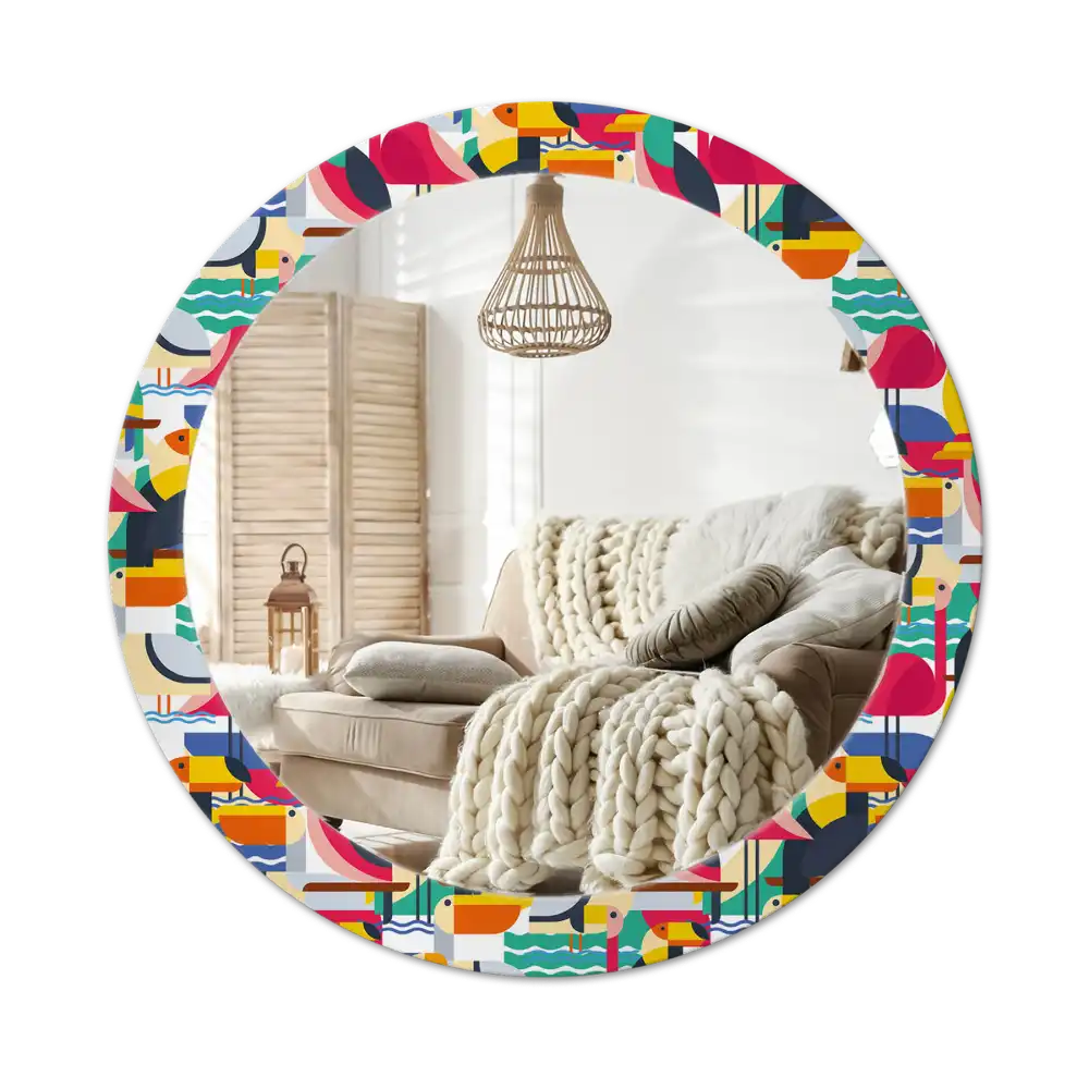 Espejo redondo estampado Aves tropicales geométricas