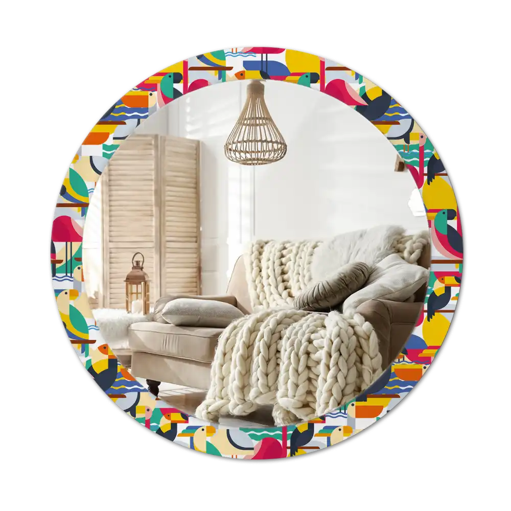 Espejo redondo estampado Aves tropicales geométricas