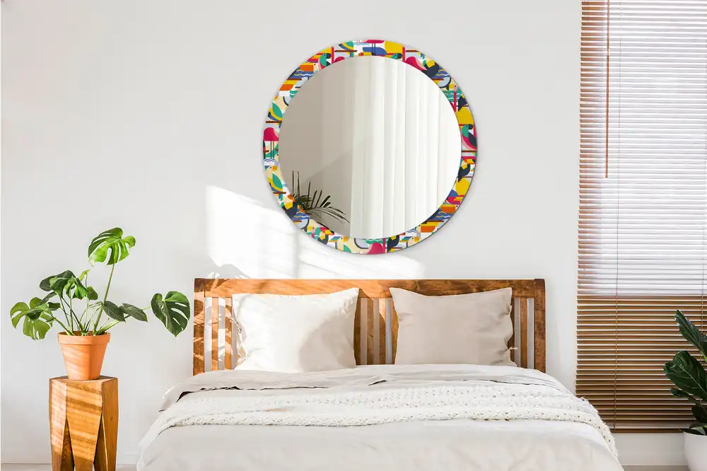 Espejo redondo estampado Aves tropicales geométricas