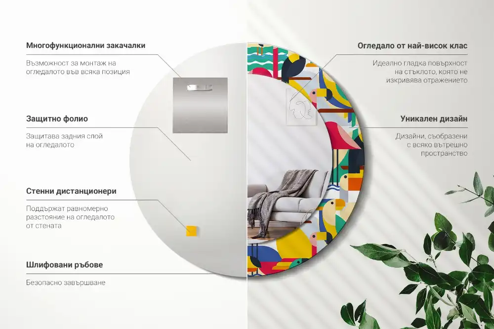 Espejo redondo estampado Aves tropicales geométricas