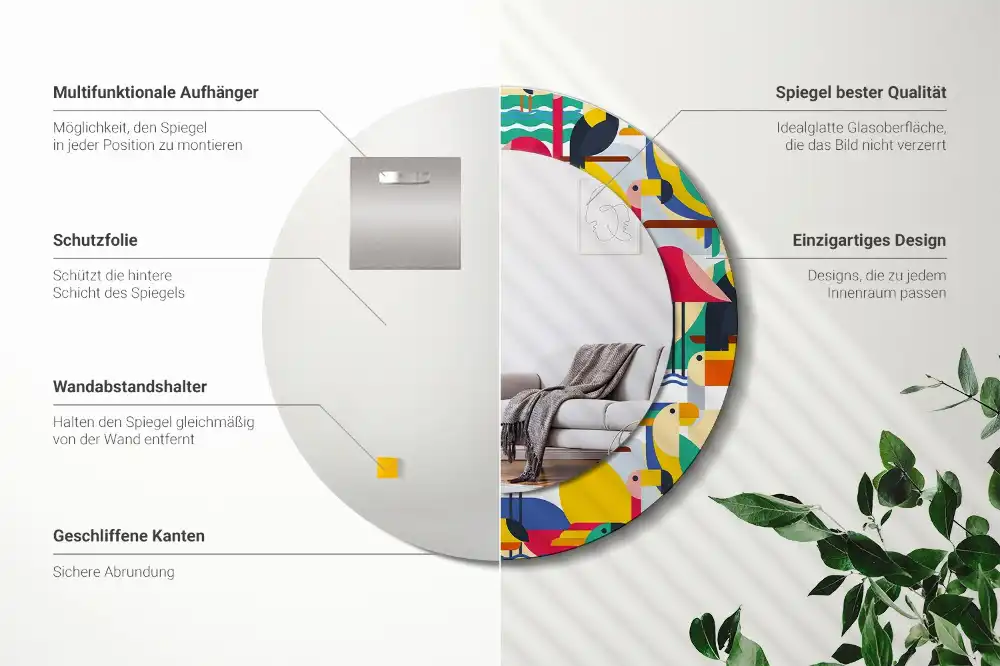 Espejo redondo estampado Aves tropicales geométricas