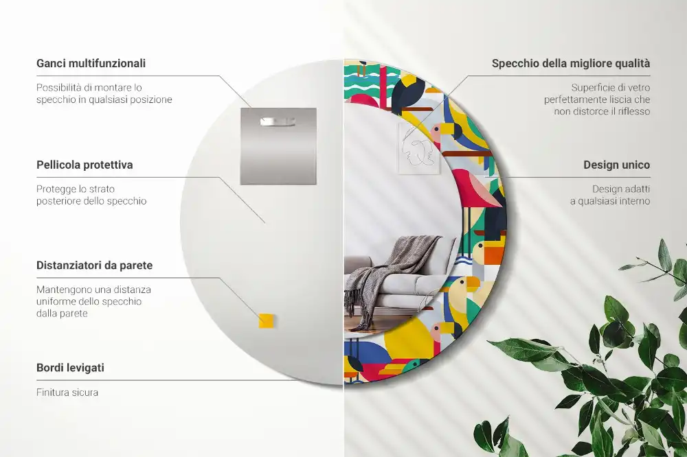 Espejo redondo estampado Aves tropicales geométricas