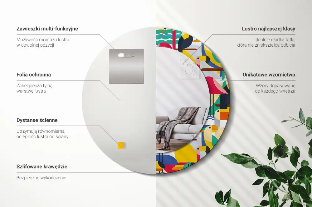 Espejo redondo estampado Aves tropicales geométricas