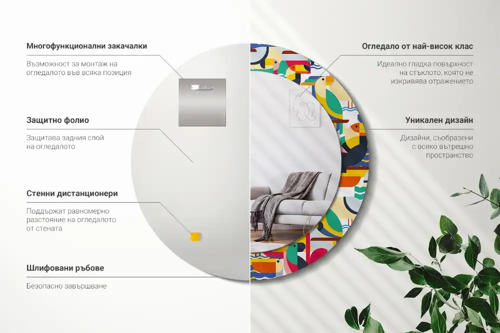 Espejo redondo estampado Aves tropicales geométricas