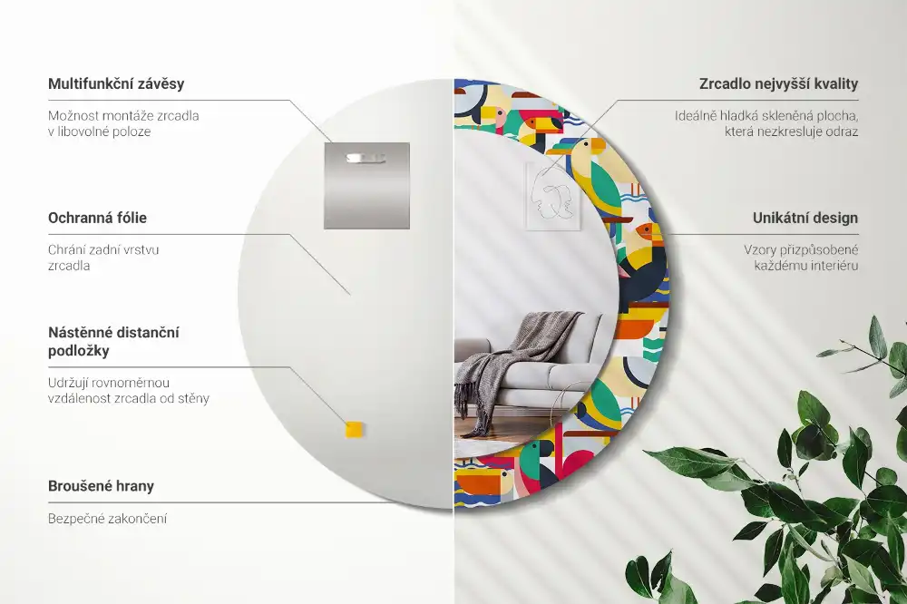 Espejo redondo estampado Aves tropicales geométricas