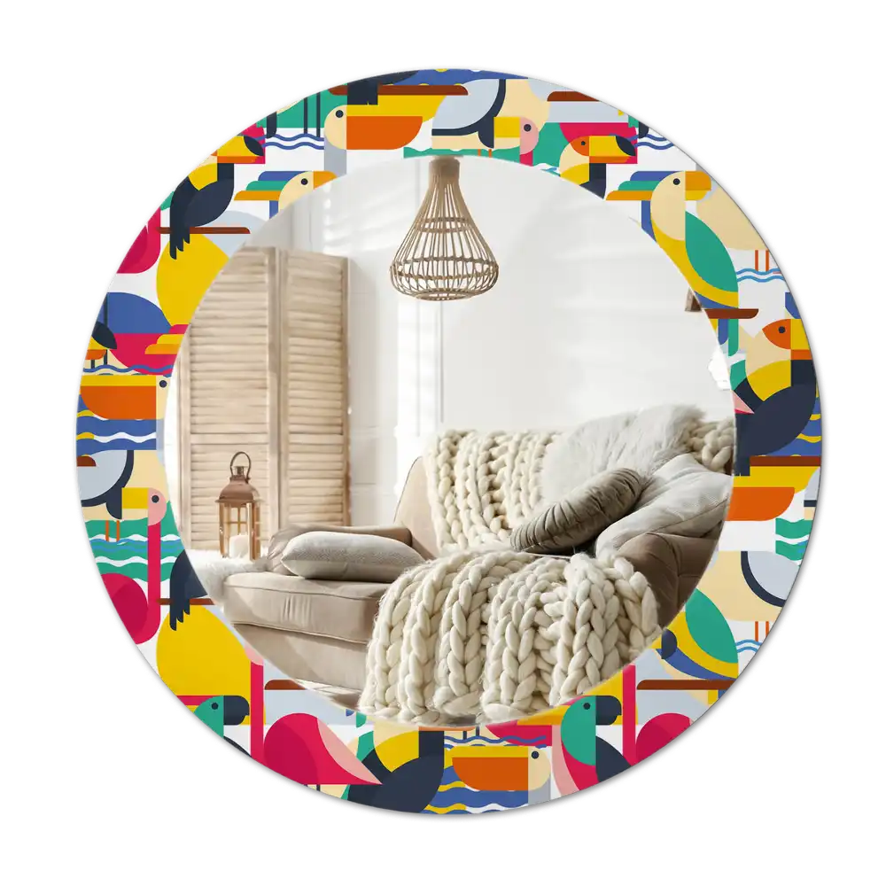 Espejo redondo estampado Aves tropicales geométricas