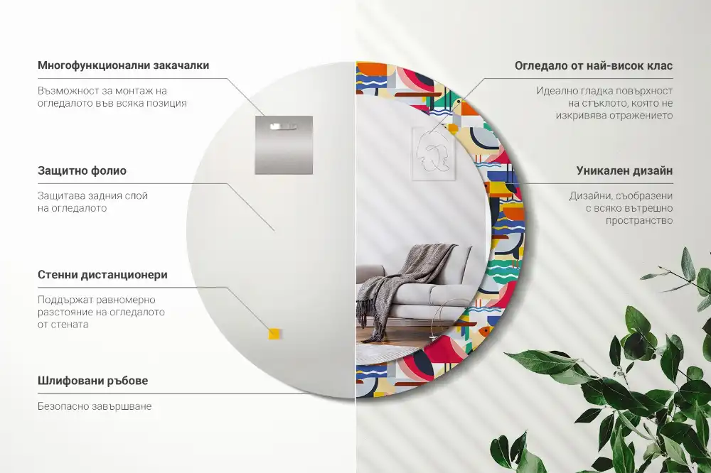 Espejo redondo estampado Aves tropicales geométricas