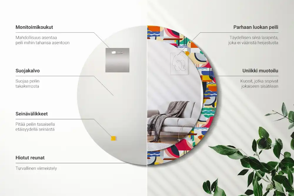 Espejo redondo estampado Aves tropicales geométricas