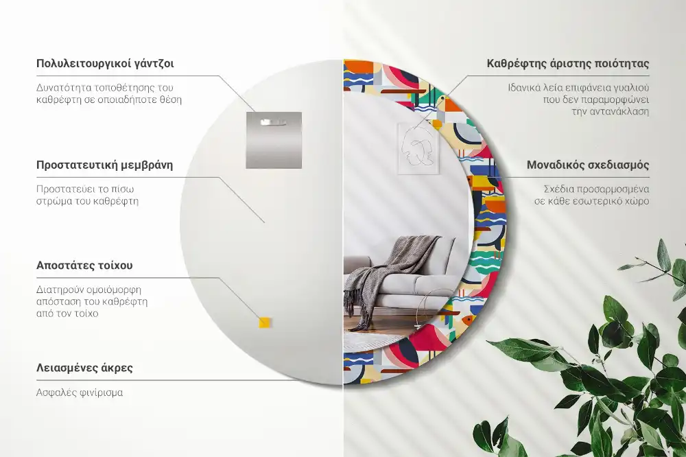 Espejo redondo estampado Aves tropicales geométricas