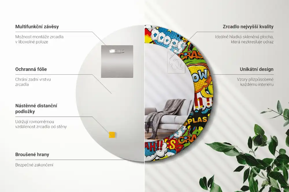 Espejo redondo impreso Patrón de estilo cómic