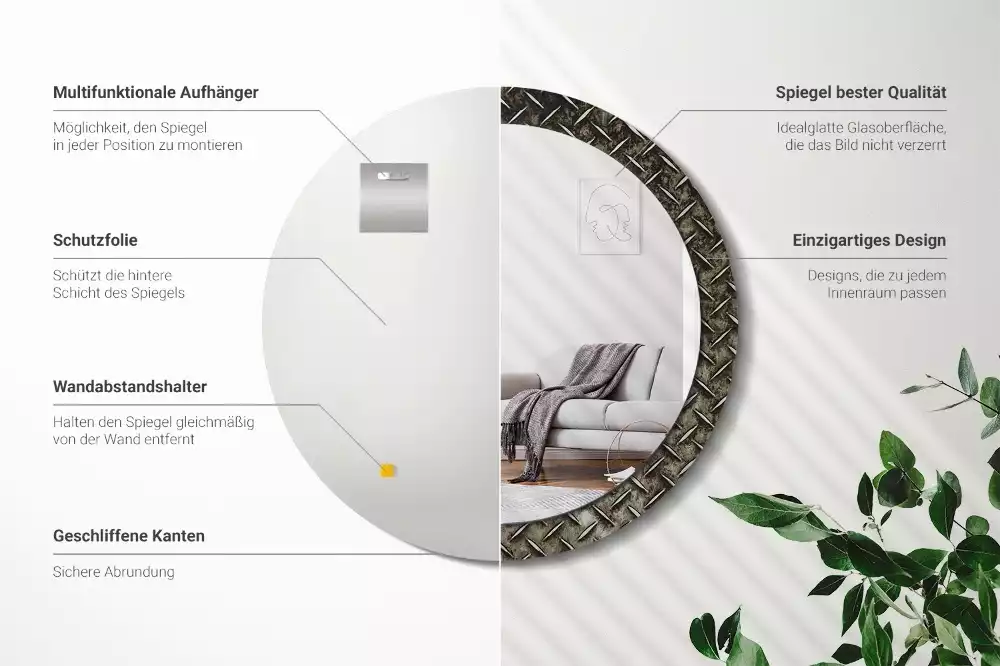 Espejo redondo con decoración Textura de acero