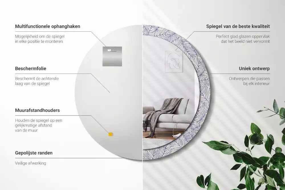 Espejo redondo con decoración Contorno de palmera tropical