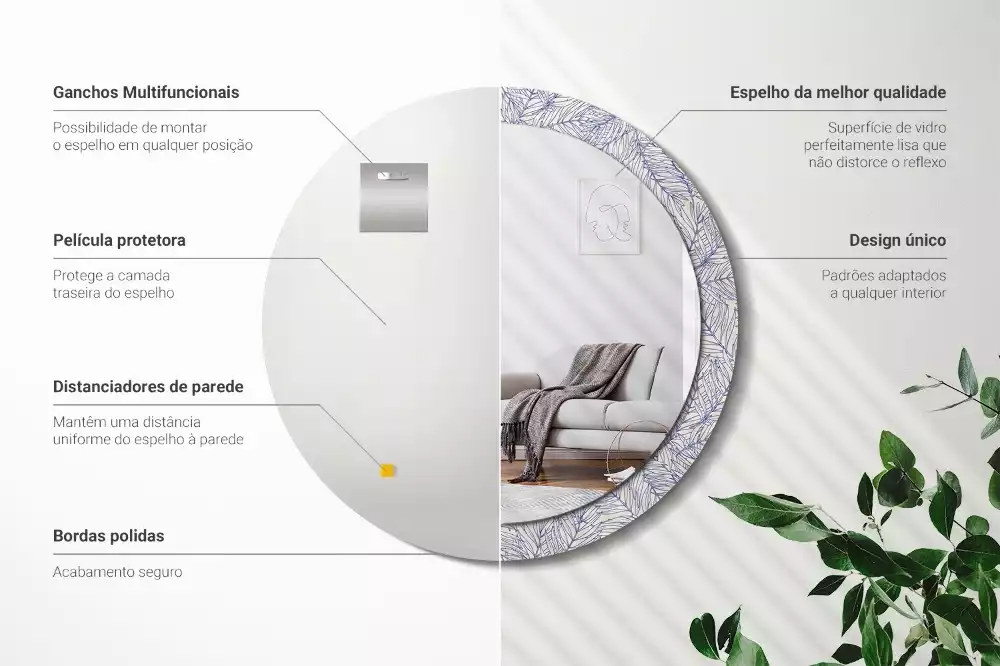 Espejo redondo con decoración Contorno de palmera tropical