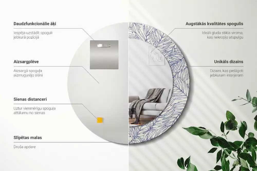 Espejo redondo con decoración Contorno de palmera tropical