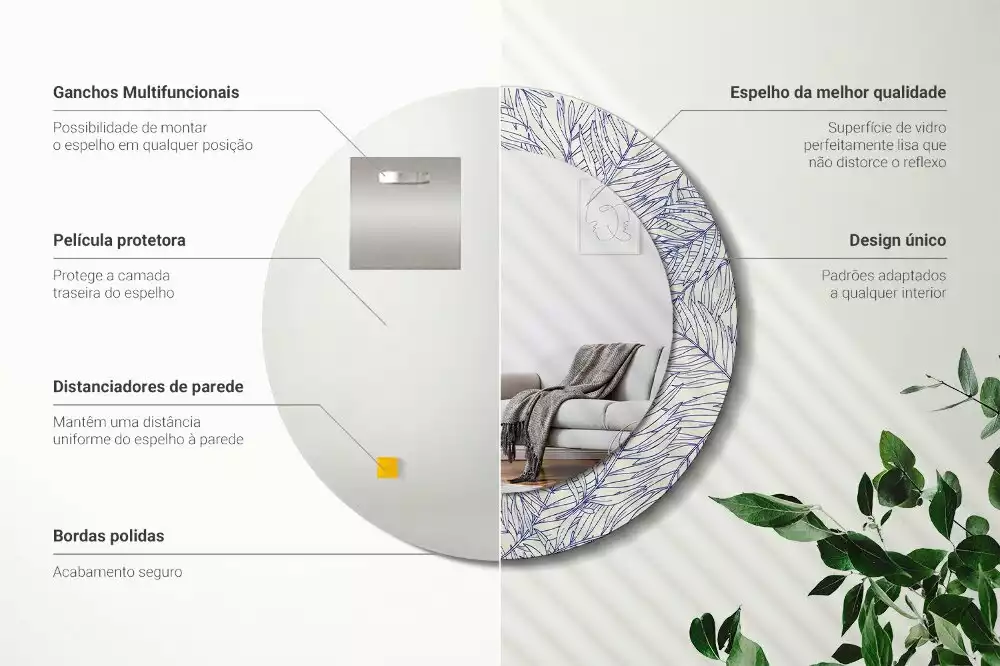 Espejo redondo con decoración Contorno de palmera tropical