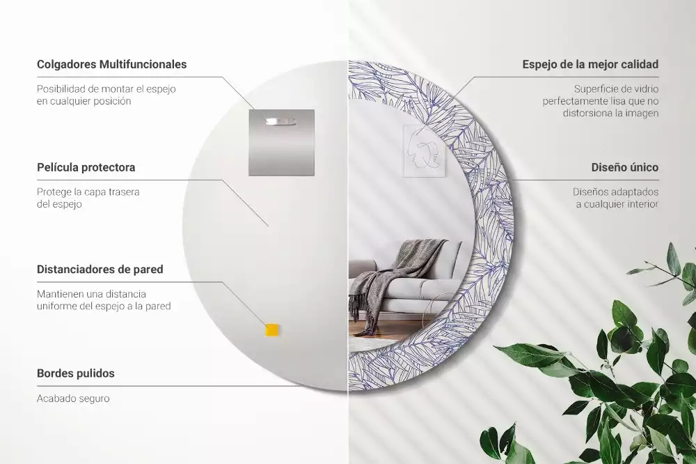 Espejo redondo con decoración Contorno de palmera tropical