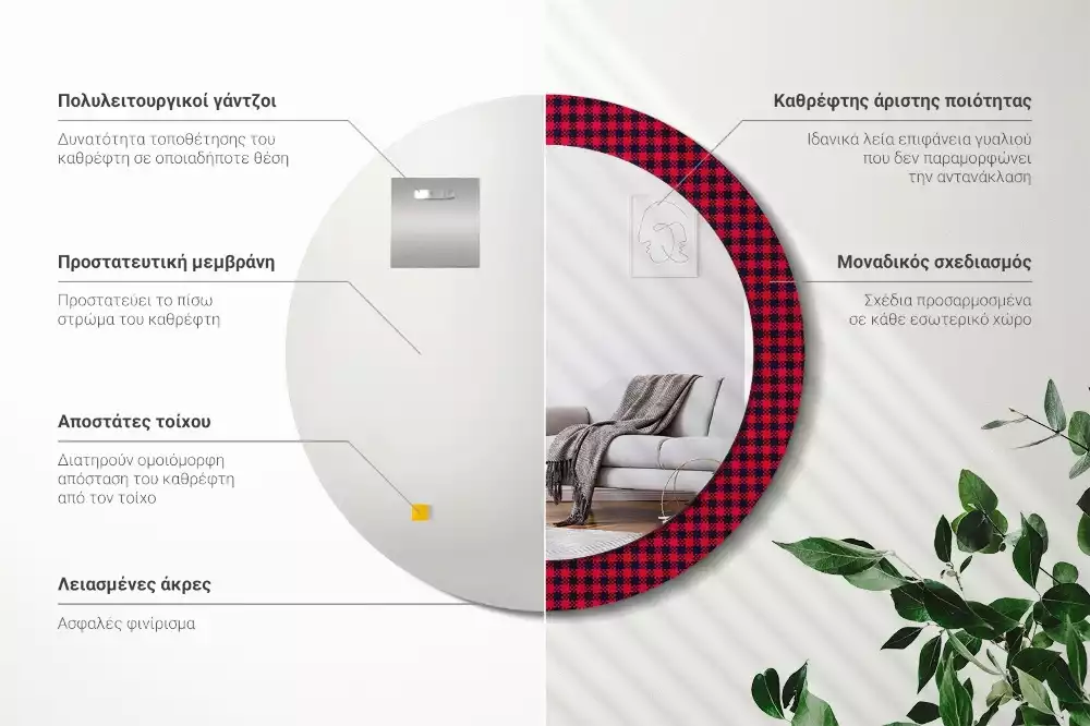 Espejo redondo estampado Cuadros rojos