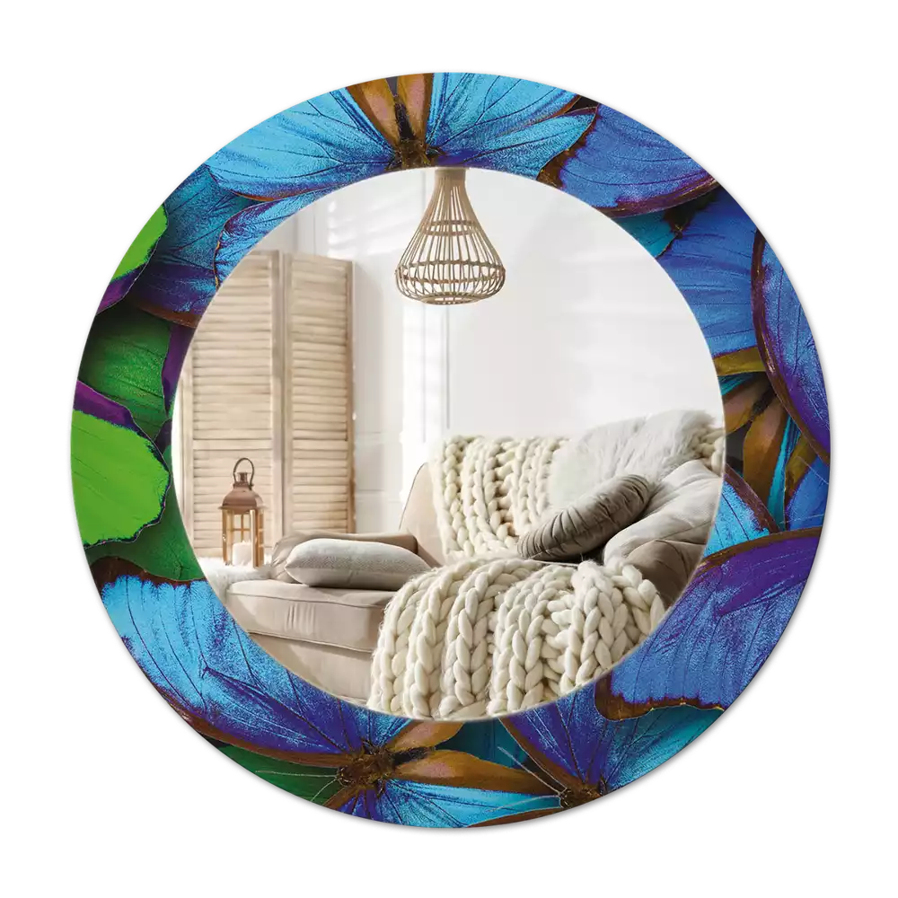 Espejo redondo con decoración Mariposa azul y verde