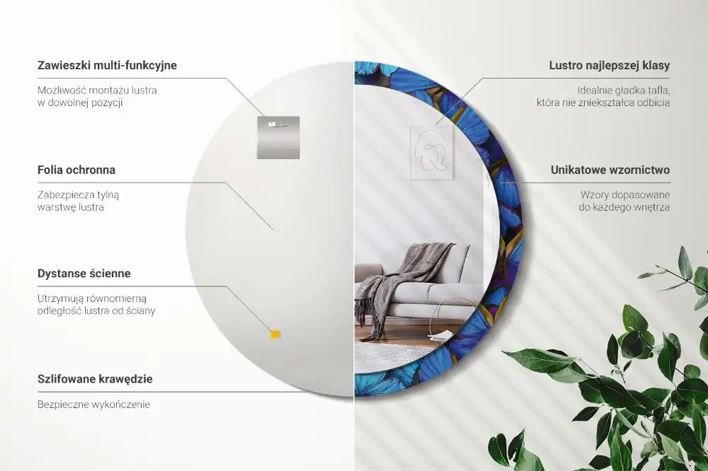 Espejo redondo con decoración Mariposa azul y verde