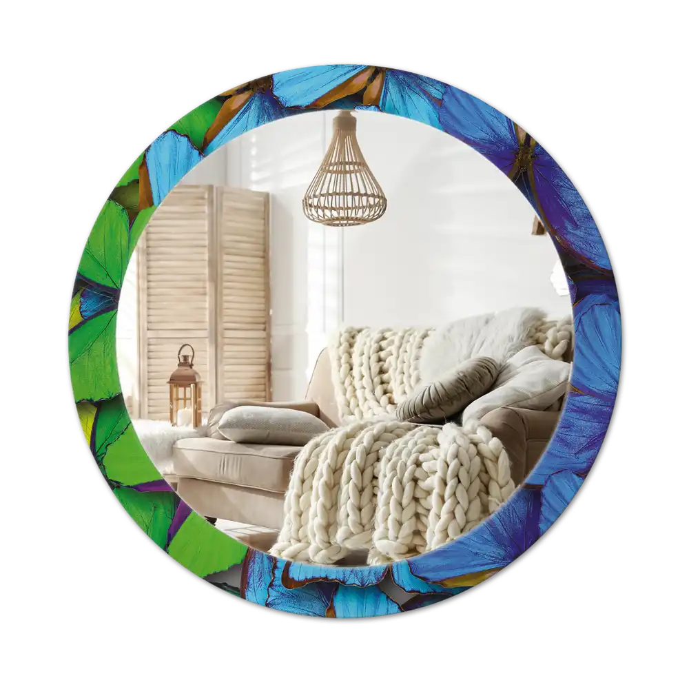 Espejo redondo con decoración Mariposa azul y verde