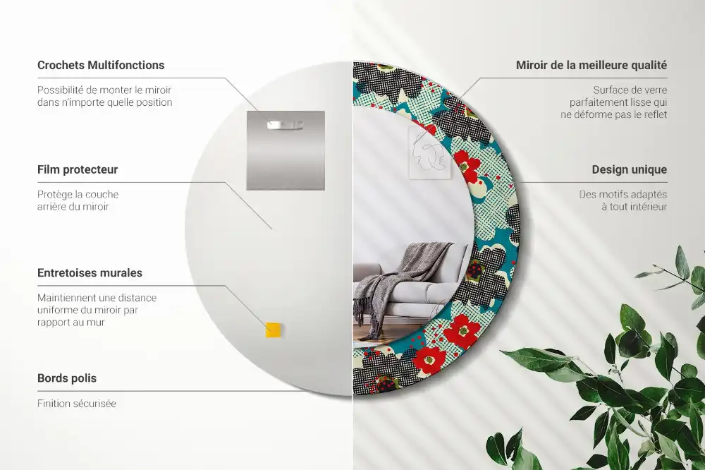 Espejo redondo estampado Patrón de flores retro