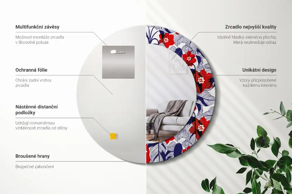 Espejo redondo estampado Filodendros