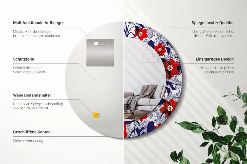 Espejo redondo estampado Filodendros